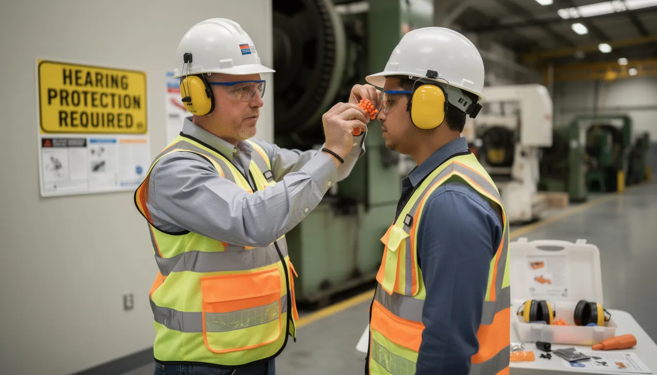 A worker is receiving training on the proper use of personal hearing protection equipment to mitigate the risks of occupational noise exposure. This training is essential for preventing noise-induced hearing loss and ensuring compliance with occupational safety regulations in the workplace.