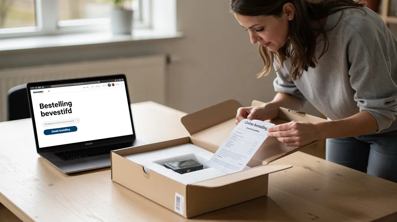 Een persoon controleert een pakketje dat net is aangekomen na een online aankoop, mogelijk betaald via PayPal. De afbeelding laat zien hoe de koper ervoor zorgt dat het product in goede staat is en dat de transactie veilig is verlopen.