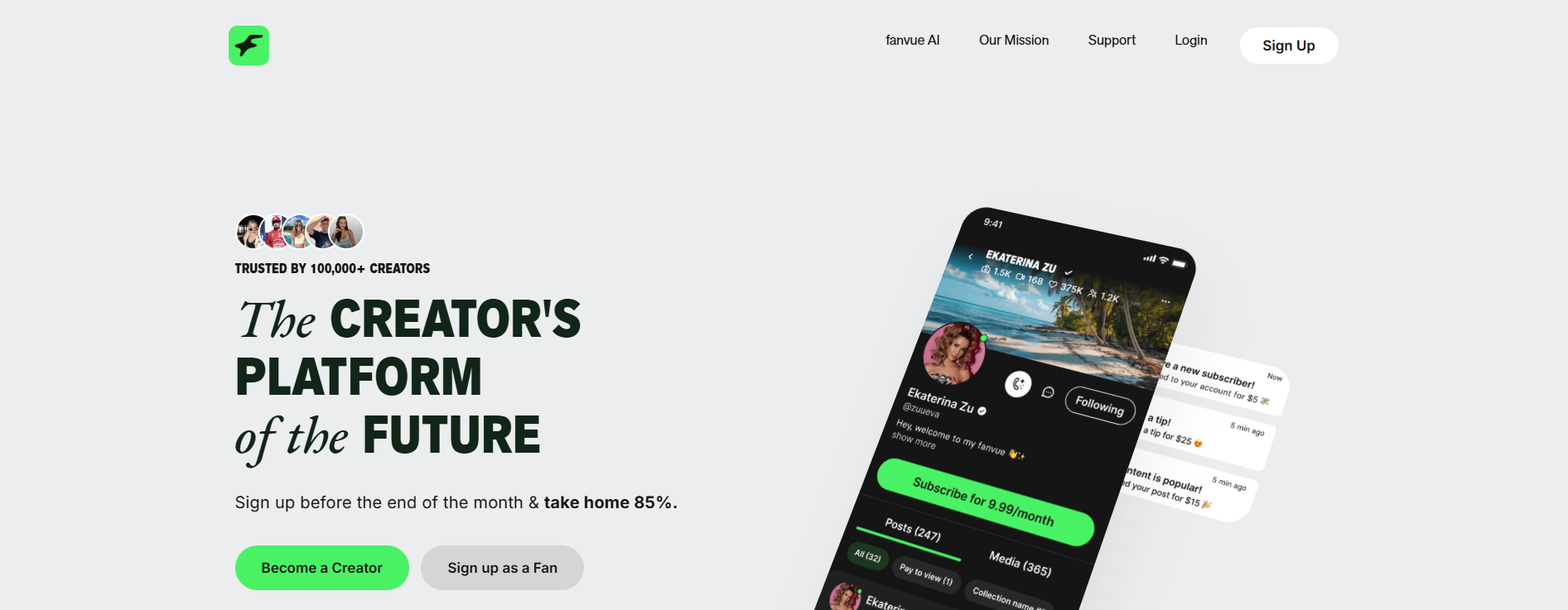 Fanvue homepage with a mobile app preview and sign-up options for creators and fans.