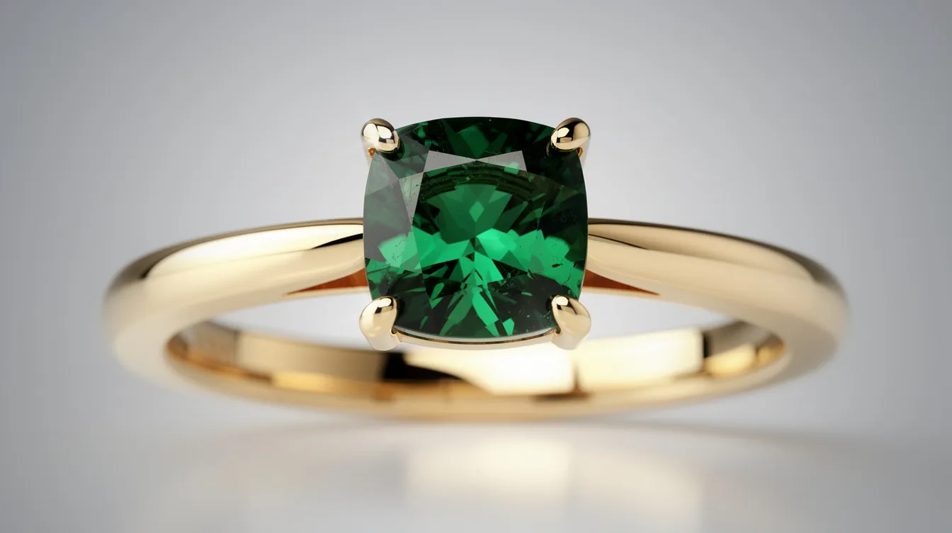 This close-up image showcases a stunning emerald gemstone set in an elegant gold ring, highlighting its vibrant green hue against a neutral background. The emerald, known as the birthstone for May, exudes timeless allure and beauty, making it a perfect piece of emerald jewellery.