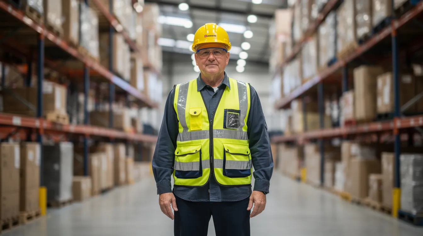 The image shows a mature worker in an industrial warehouse, wearing a bright safety vest and surrounded by shelves filled with various goods. This setting highlights the physical demands of the job, which may be relevant for discussions around social security disability benefits for older workers facing limitations in their work capacity.