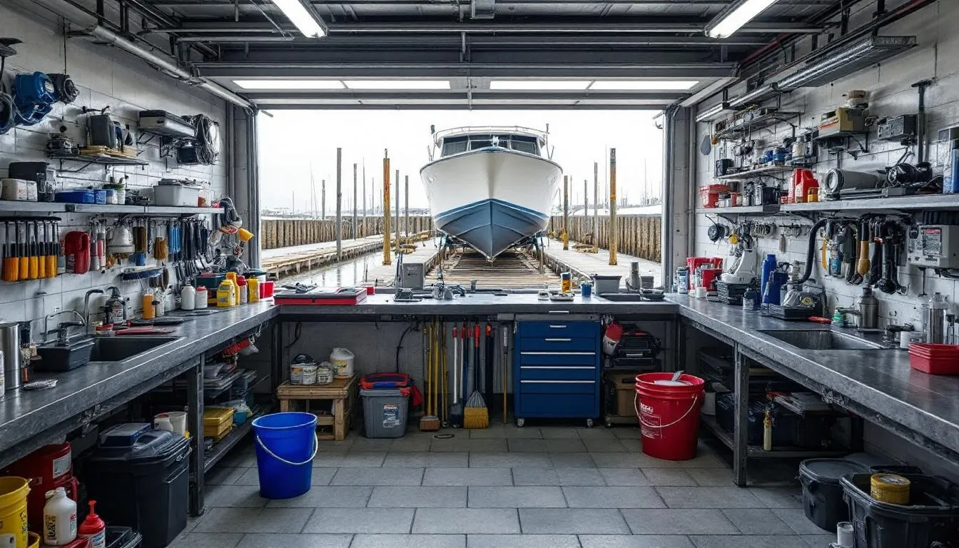 The image depicts a boat maintenance station filled with various boating supplies, including bilge pumps, cleaning supplies, and engine care accessories, providing essential tools for boaters to maintain their vessels. This organized setup highlights the importance of being prepared for enjoyable boating experiences on the water.