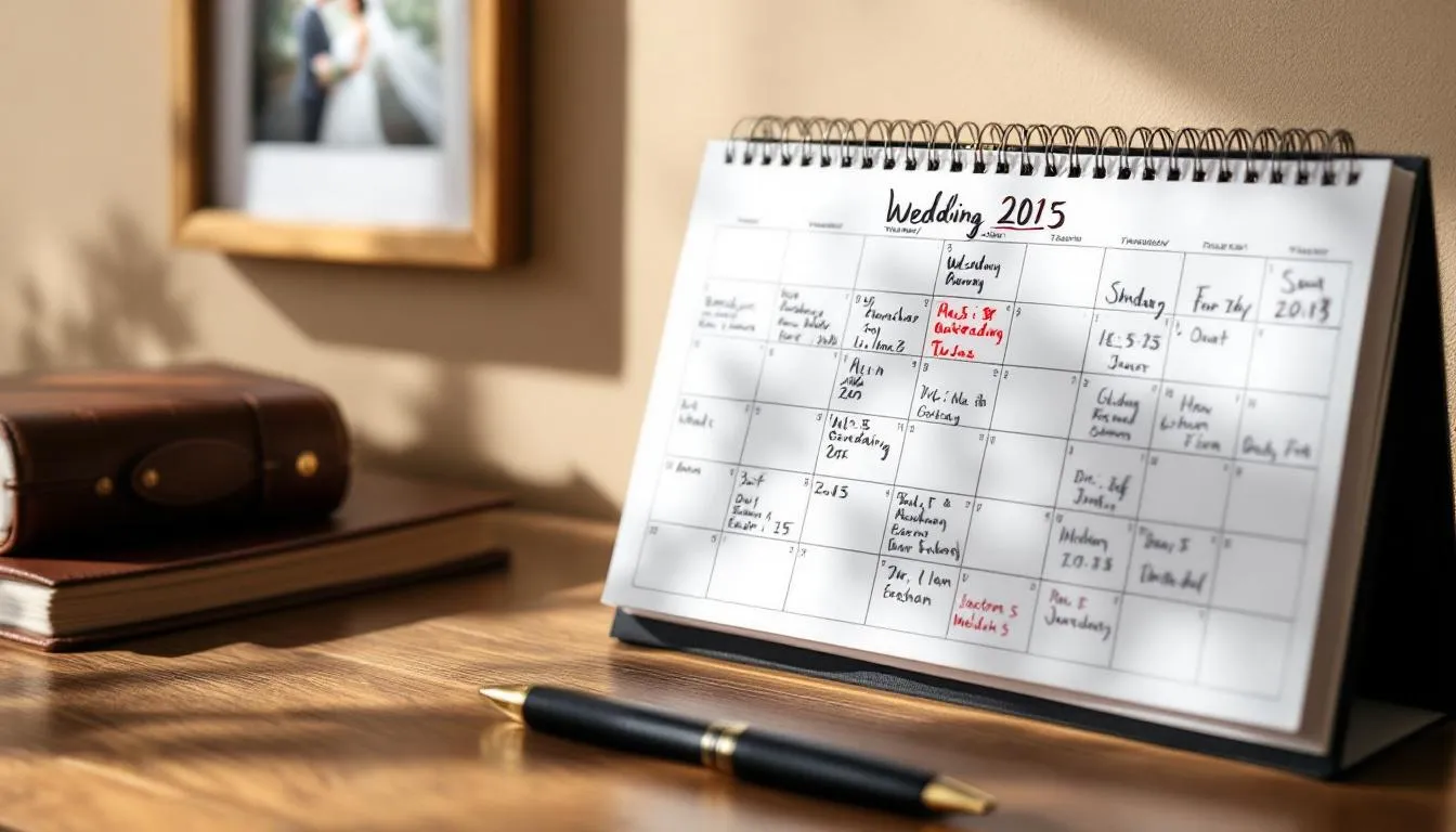 Ein Kalender zeigt markierte Hochzeitstermine und Planungsnotizen, die auf eine bevorstehende Traumhochzeit in Heidelberg hinweisen. Die Notizen enthalten Details zu Hochzeitslocations und wichtigen Aufgaben für die Hochzeitsplanung.