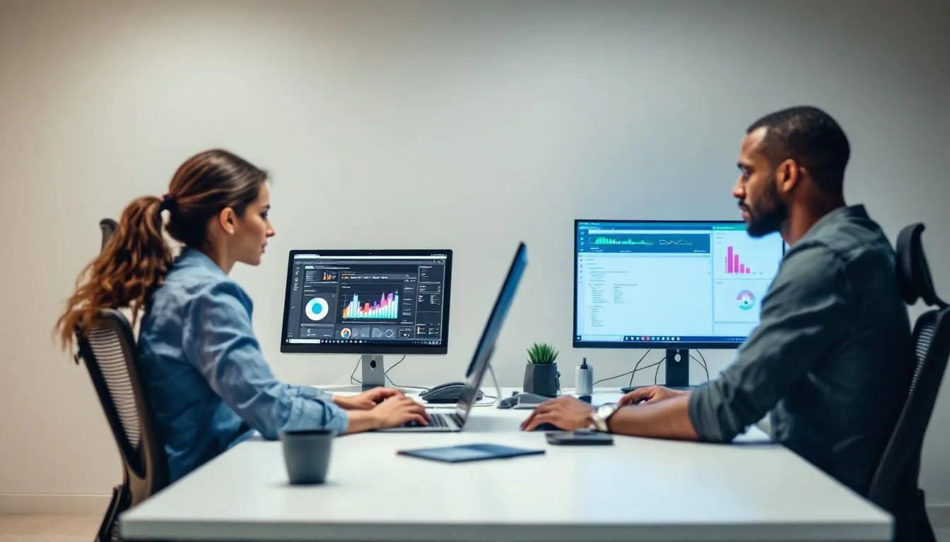 In the image, two data professionals are engaged in discussions while using different computer interfaces, symbolizing the choices between various data integration platforms like Alteryx and Informatica. Their focus on data analytics and transformation highlights the importance of selecting the right tools for effective data management and workflow processes.