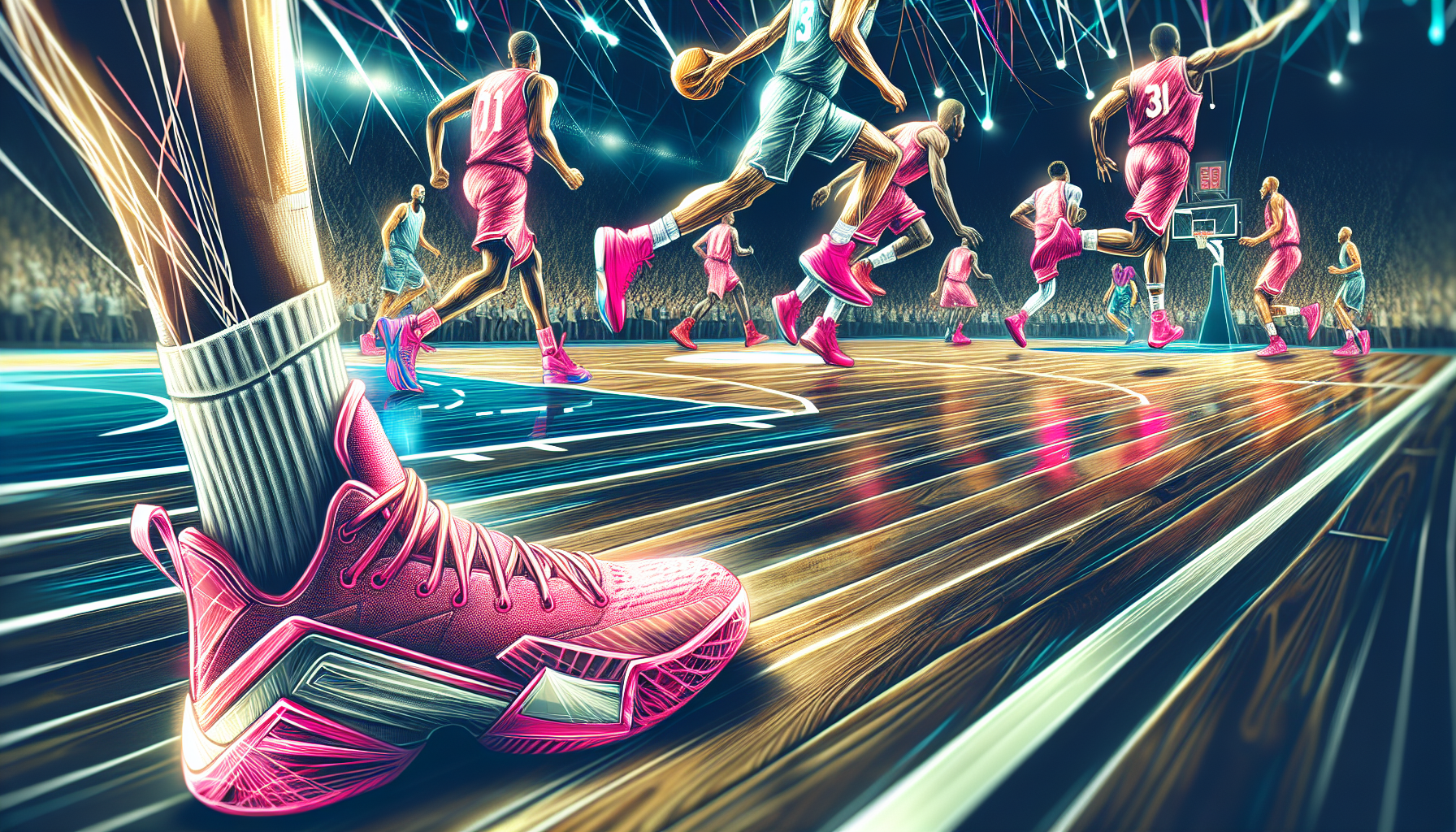 Illustration of a basketball court with NBA players wearing pink shoes