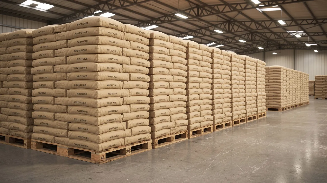 1db3bfaf cc40 4a8c b7f8 e6847e285d3d The image shows stacked bags of wheat flour neatly arranged on wooden pallets inside a warehouse. This setup is essential for maintaining consistent flour quality in a fully automatic atta chakki plant, which processes wheat at a high production capacity.