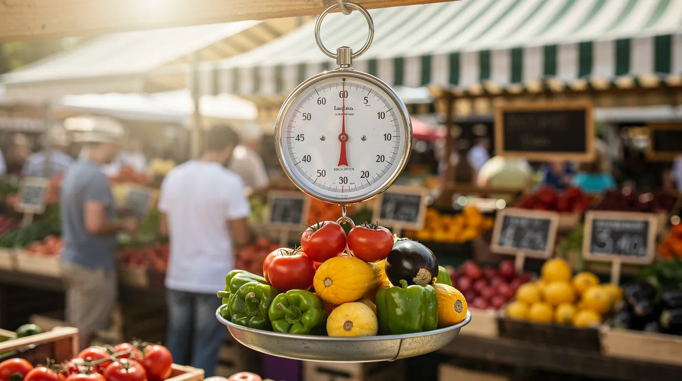 The image shows a hanging spring scale at an outdoor farmers market, accurately weighing fresh produce like apples. The scale displays the weight in pounds, allowing customers to determine the correct amount for their purchases.