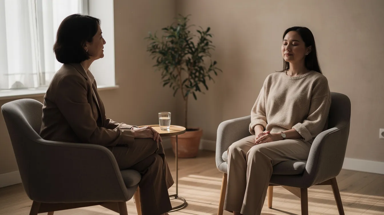 In a warm minimalist room, a somatic therapist and client sit across from each other; the client has their eyes closed and hands resting on their lap, embodying a calm and attentive presence. This scene captures the essence of somatic therapy sessions, emphasizing the mind-body connection and the healing journey involved in trauma recovery.