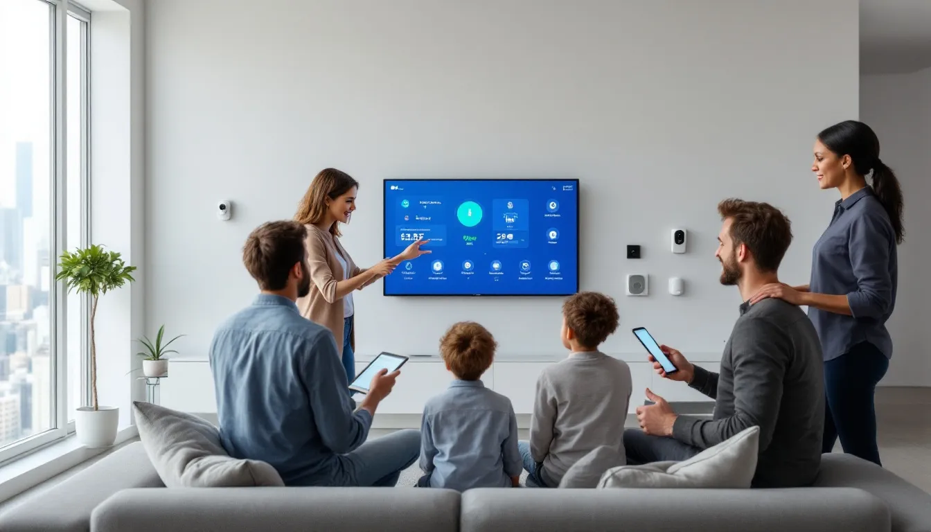 A family discussing their options for choosing the right alarm system for home security.