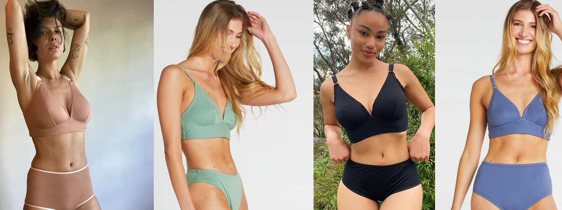 women wearing multiple colours of wire free bras and matching briefs