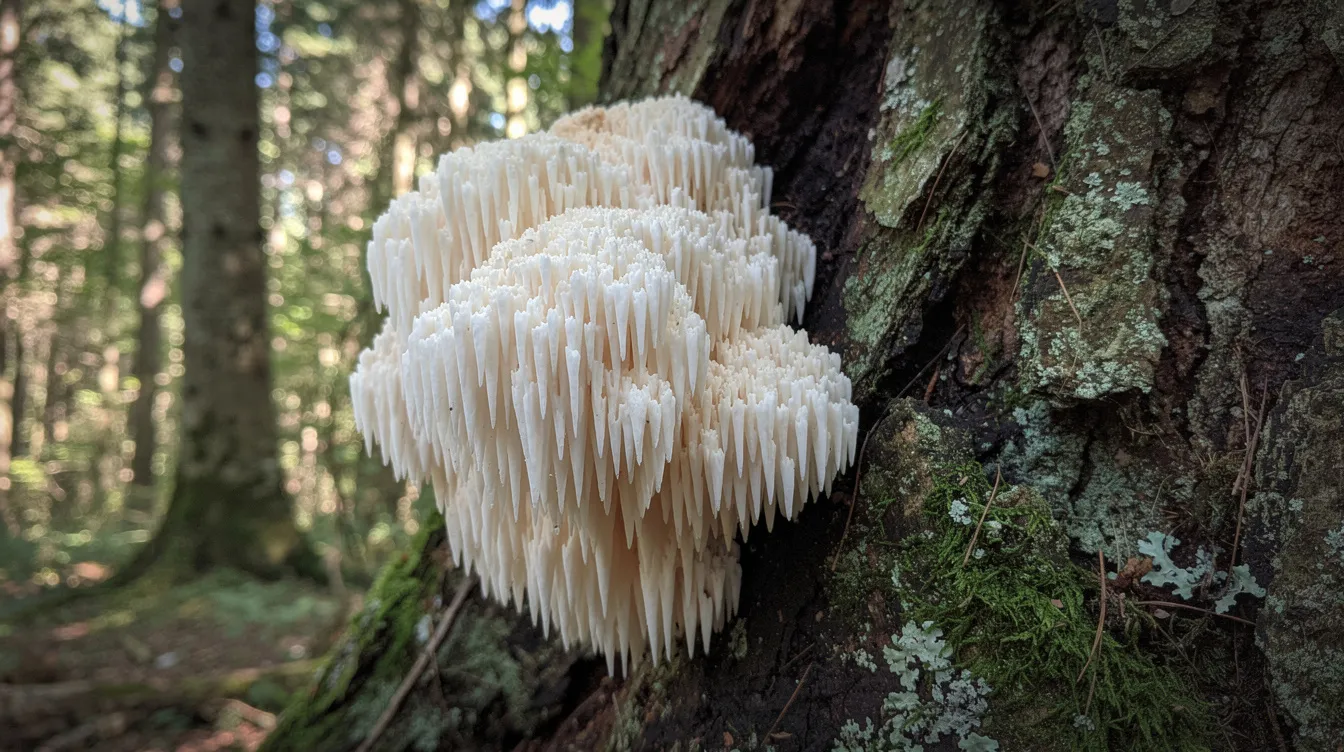 A large white lion's mane mushroom is growing naturally on the side of a tree trunk in a lush forest, showcasing its unique, fluffy appearance. This medicinal mushroom is known for its potential health benefits, including support for brain health and cognitive function.