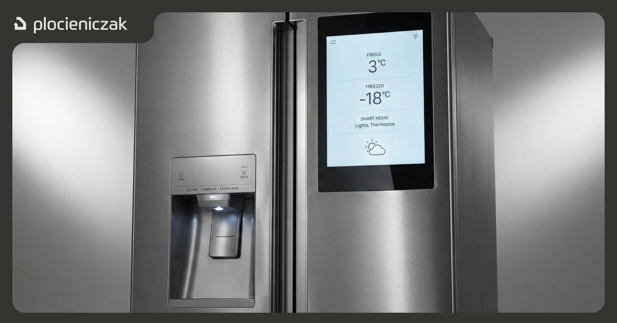 Nowoczesna lodówka wolnostojąca z ekranem dotykowym, kostkarką do lodu i dystrybutorem schłodzonej wody – zbliżenie na panel funkcji