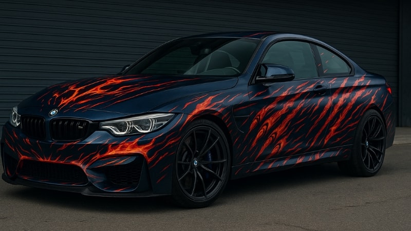 A dark blue BMW wrapped in abstract pattern vinyl wrap