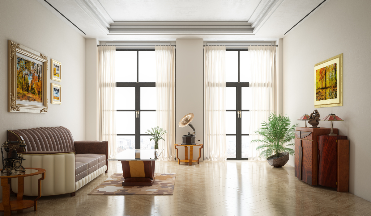 Art deco living room - art deco decor - highly polished parquet flooring  