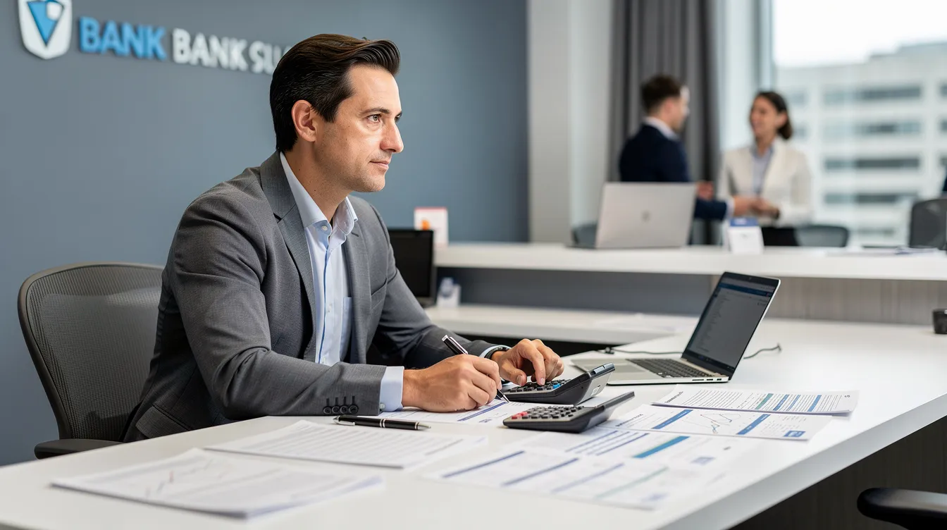 1dc286d9 097f 4d5f be69 8ae6d4ab92f1 A small business owner sits at a bank desk, surrounded by various papers and documents related to financial assistance, including loan applications and insurance policies. The scene highlights the importance of informed decisions and customer understanding in navigating financial services, such as business loans and insurance products.