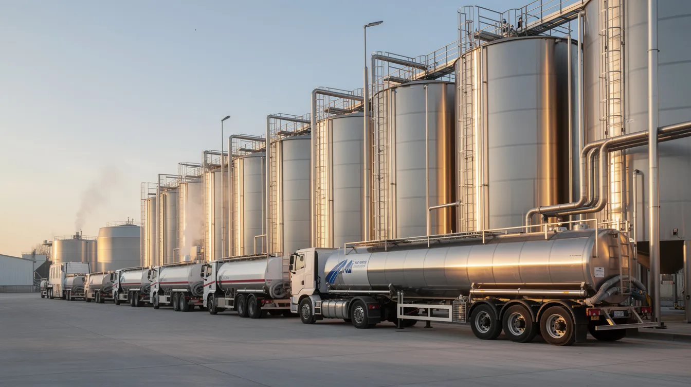 The image depicts rows of stainless steel milk storage silos alongside tanker trucks at a modern milk powder manufacturing plant, highlighting the scale and efficiency of the dairy processing industry. This facility is essential for the production of various dairy products, including skimmed milk powder and whole milk powder, serving the growing demand in the global milk powder market.