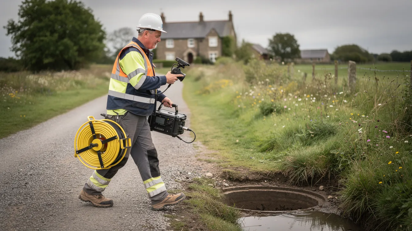 A technician is seen walking beside a rural driveway, carrying CCTV drainage survey equipment, which is essential for inspecting septic tank systems and ensuring compliance with septic tank regulations. This equipment helps identify potential issues in drainage fields and supports property owners in maintaining their environmental permits.