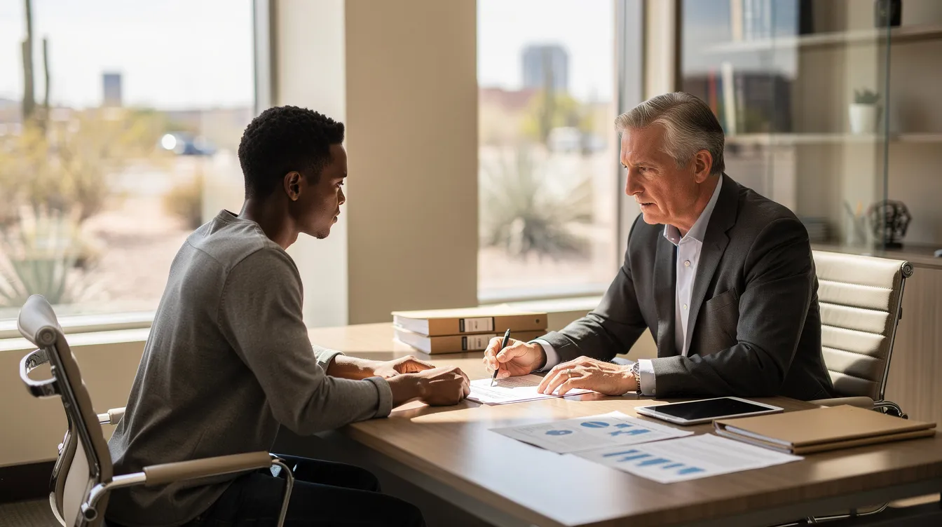 An ultra-realistic indoor legal consultation scene depicts an experienced personal injury attorney seated across from a diverse client in a modern Phoenix law office. They are reviewing documents on a desk filled with organized legal files and medical records, illuminated by natural desert sunlight streaming through a large window, creating a calm and professional atmosphere.