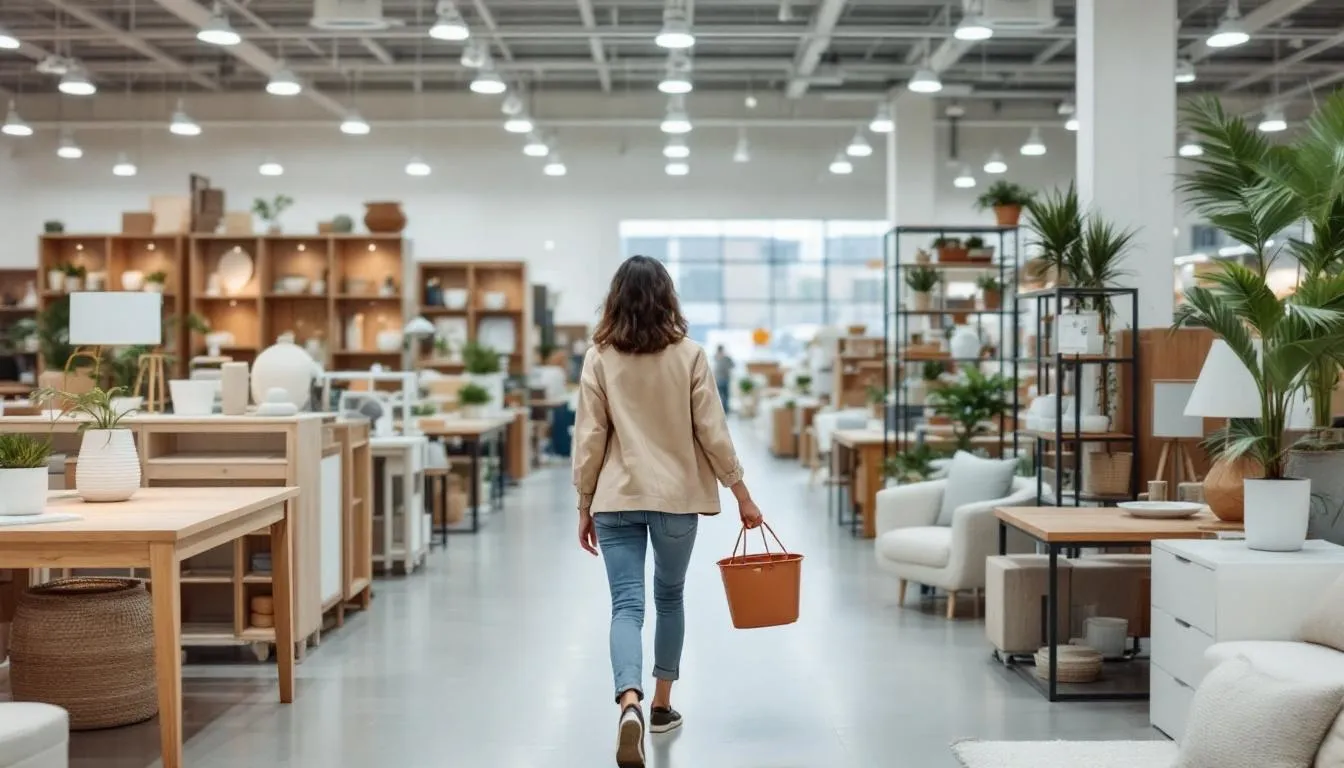 A shopper navigating through a big box store, searching for inexpensive ikea items.