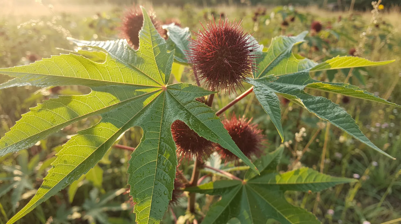 A close-up view of vibrant green castor plant leaves alongside reddish castor seed pods, illuminated by sunlight in a field. This image highlights the natural beauty of the castor plant, known for its organic castor oil, which offers numerous health benefits for hair and skin care.