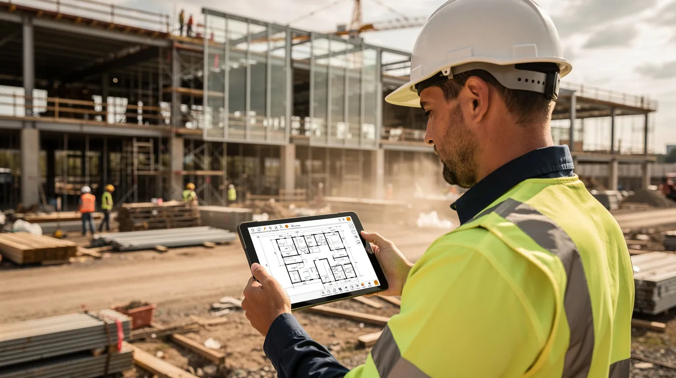 An engineer is intently reviewing blueprints on a tablet at a bustling commercial construction site, surrounded by industrial machinery and workers. This scene highlights the critical role of technology in manufacturing operations and the importance of effective web design for industrial companies to attract potential customers.