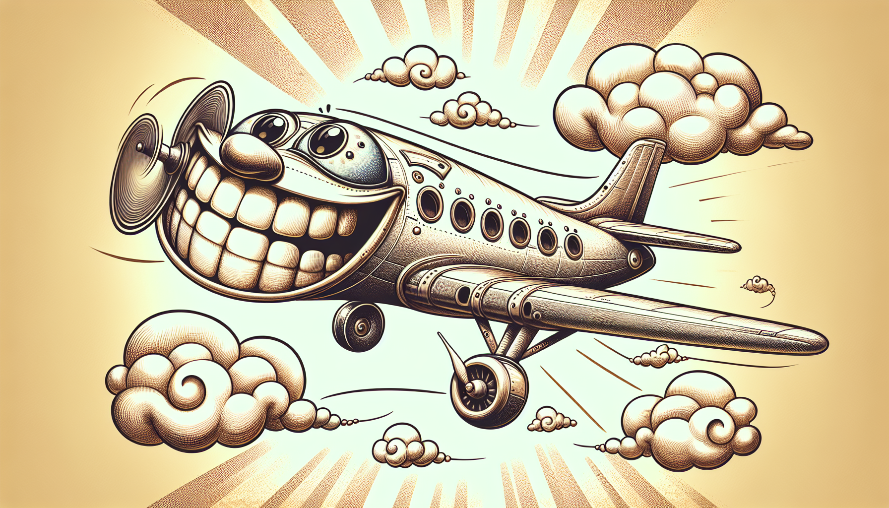 A playful illustration of a cheesy airplane with a smiling face and wings, representing a cheesy airplane pun