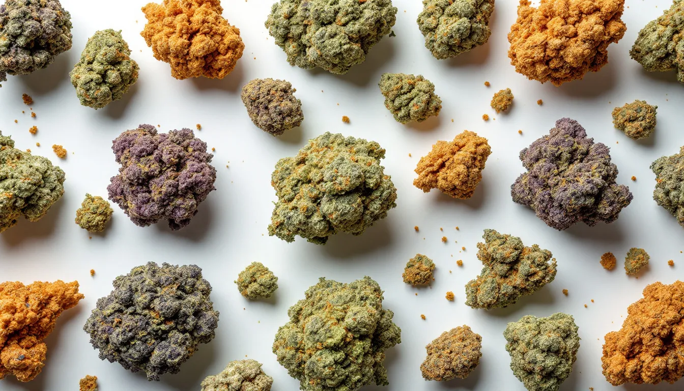 An assortment of different cannabis strains displayed together, illustrating the variety of terpenes found in cannabis and their effects.