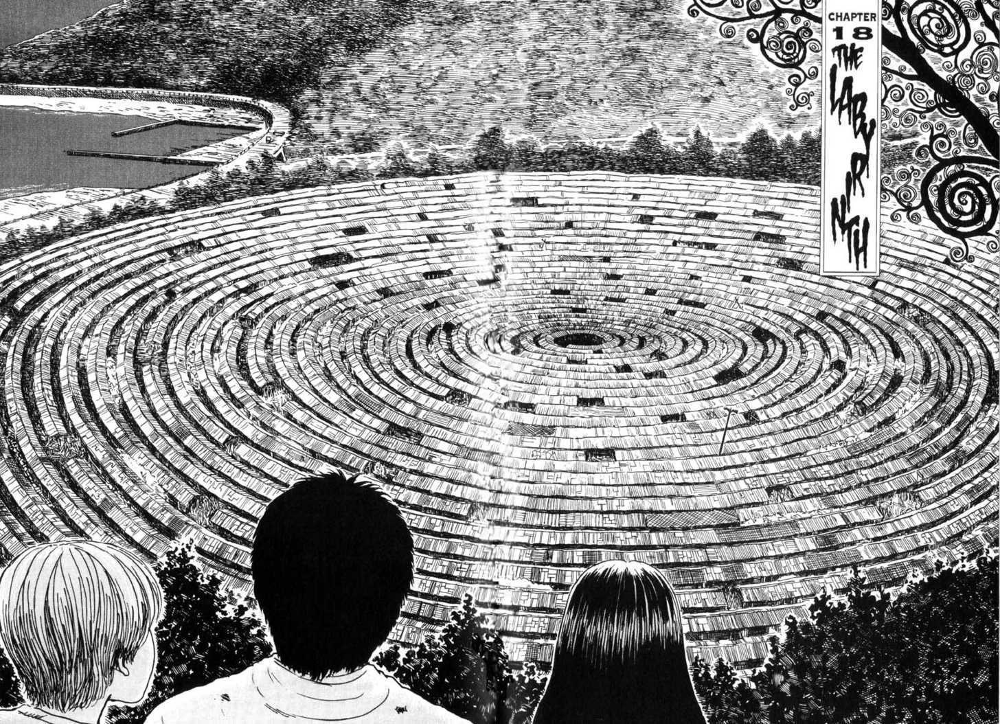characters looking at The Labyrinth of spiral from uzumaki