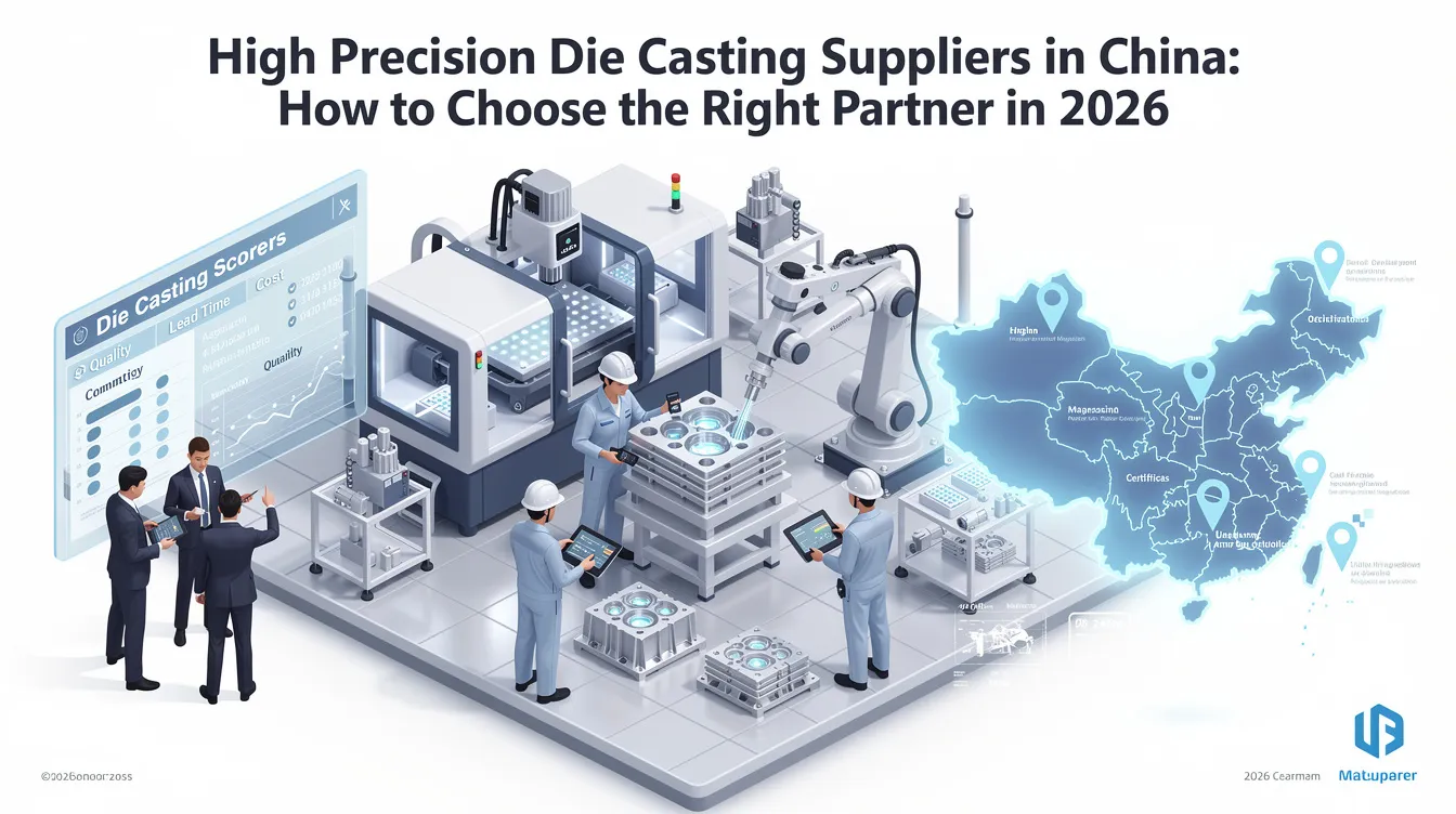 The image depicts a modern factory setting showcasing high precision die casting processes in China, with advanced casting machines and equipment for aluminum and magnesium die casting. Workers are seen operating CNC machining tools, emphasizing the importance of quality control and precision in the production of die casting parts and components.