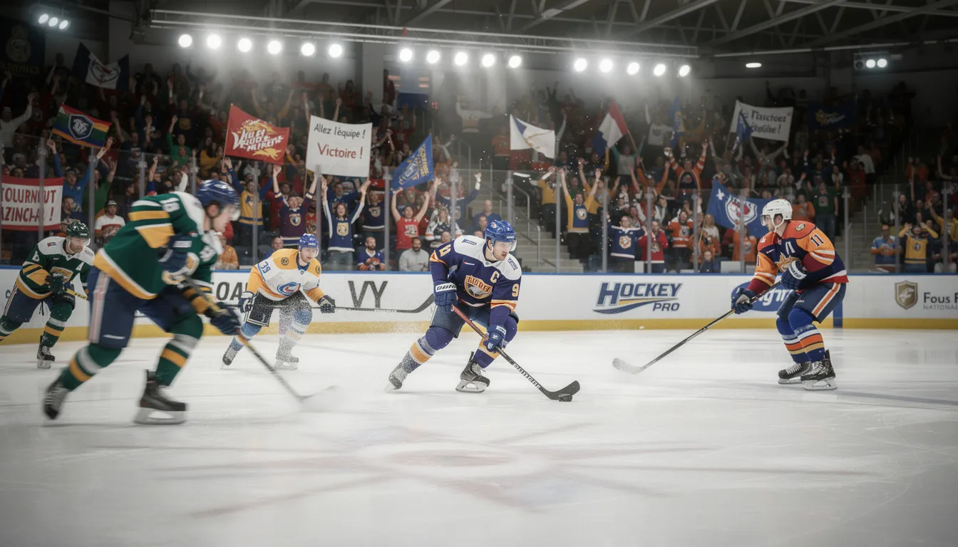 Des joueurs de hockey en pleine action sur une patinoire, entourés par une foule enthousiaste en arrière-plan. Cette scène dynamique évoque l'excitation des matchs de la Ligue nationale de hockey, un sport très populaire au Québec et au Canada, où les parieurs suivent de près les performances des équipes.