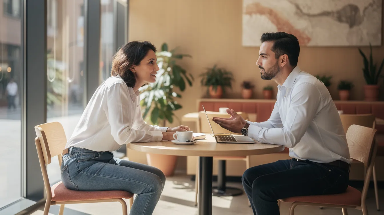 Two professionals are seated at a small table in a bright, modern cafe, engaged in a focused conversation about real estate. Natural light floods the space through large windows, illuminating their casual yet polished attire as they discuss strategies and insights related to the property market.