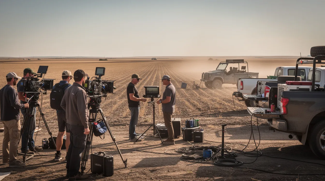 Eine Filmcrew führt Dreharbeiten in einer weiten, staubigen Agrarlandschaft durch, umgeben von großen Kameras und Fahrzeugen. Diese Szene könnte die Kulisse für einen Science-Fiction-Film wie "Interstellar" darstellen, der sich mit den Themen Raum und Menschheit beschäftigt.