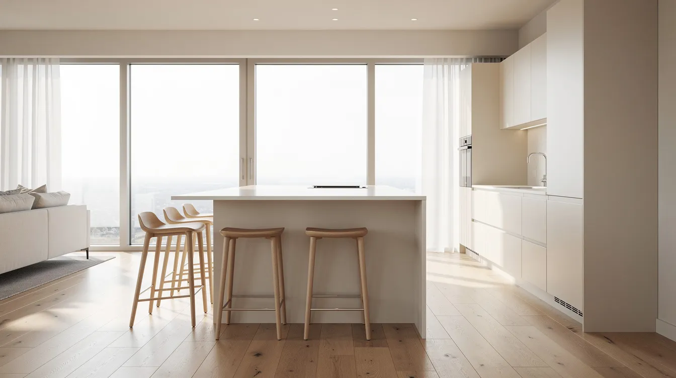 En öppen planlösning visar en köksö med tre barstolar i ljust trä, placerade framför ett stort fönster som släpper in naturligt ljus. Den moderna designen av barstolarna ger en stilren känsla till köket.