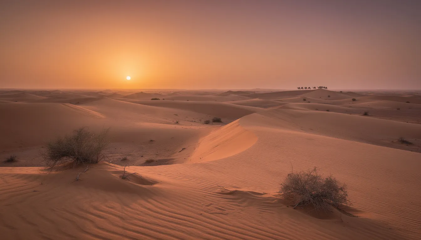 The image showcases a breathtaking Moroccan desert landscape featuring expansive sand dunes illuminated by the warm hues of sunset. This serene scene highlights the natural beauty of the Sahara Desert, a region known for its diverse landscapes and attractive touristic sights.