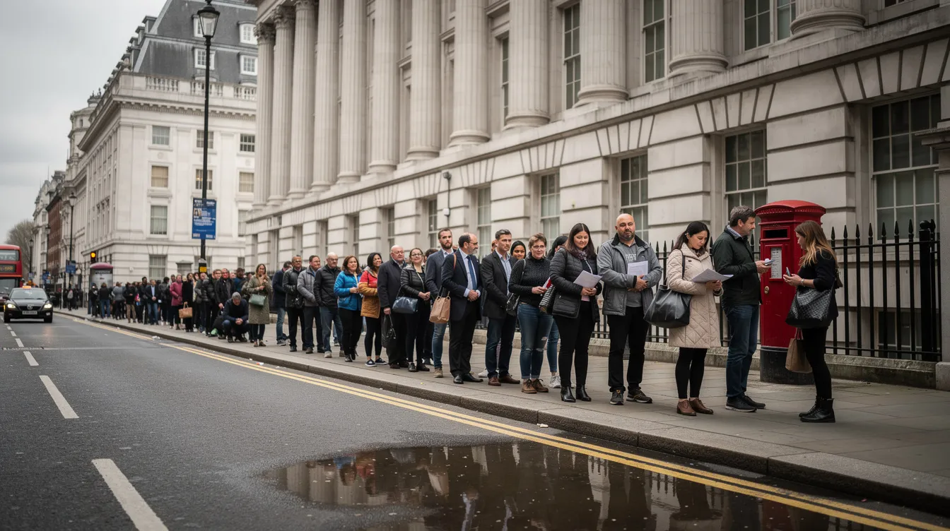 A group of people is standing in a queue outside a large official building on a London street, likely the Nigeria High Commission, as they wait to complete their passport renewal process. Many applicants are holding required documents, such as payment receipts and identification papers, in preparation for their appointments.