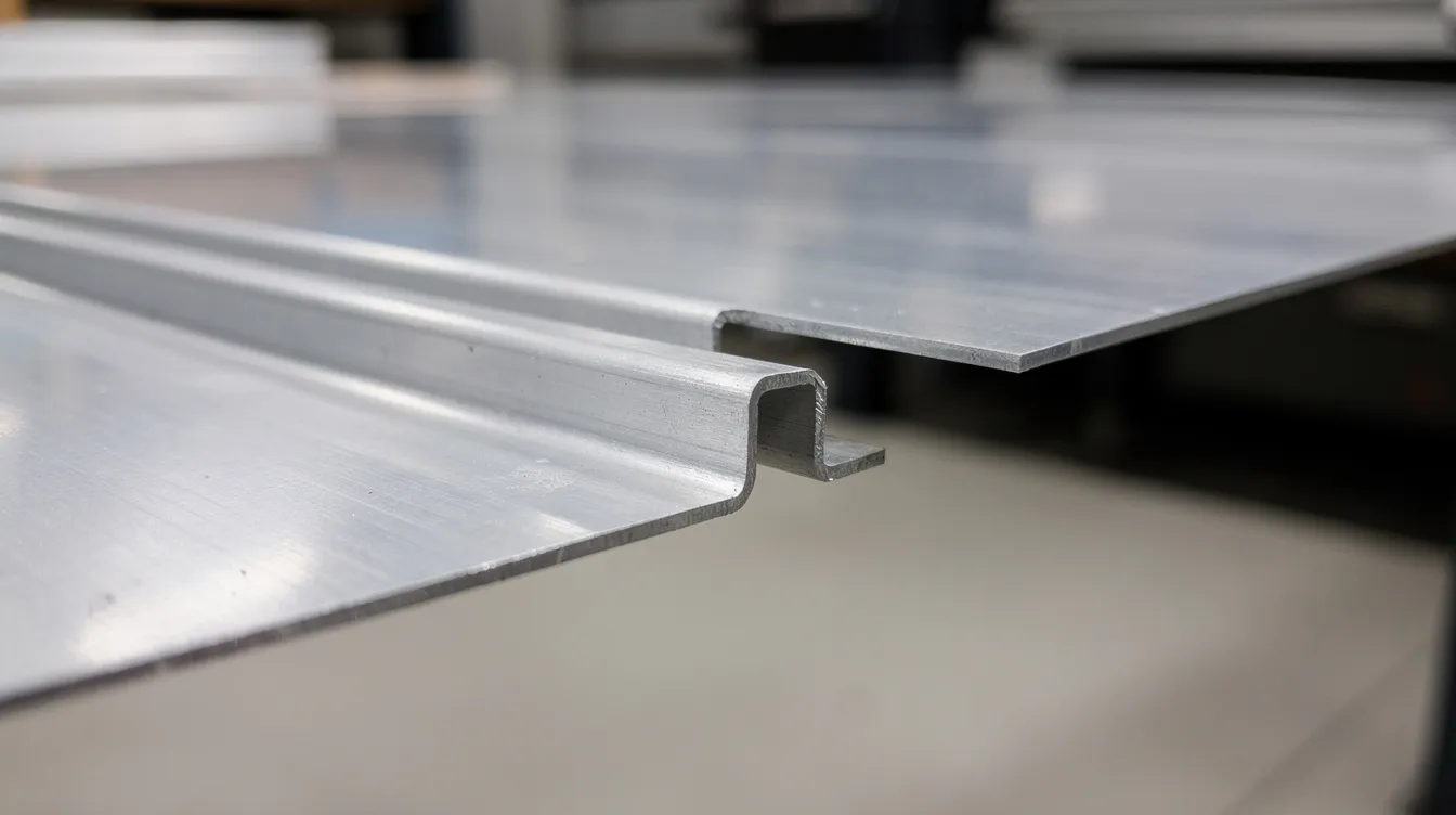 A close-up photograph showcases a Z-shaped joggle bend in a thin aluminum sheet, highlighting the small offset along the edge that prevents sliding. This detail emphasizes the flush surface created by the joining surfaces of the sheet metal, essential for various building material applications.