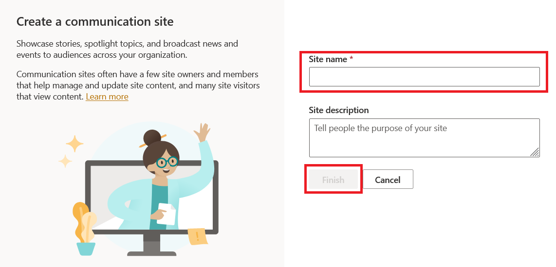 Enter the site name and site information for sharepoint communication site