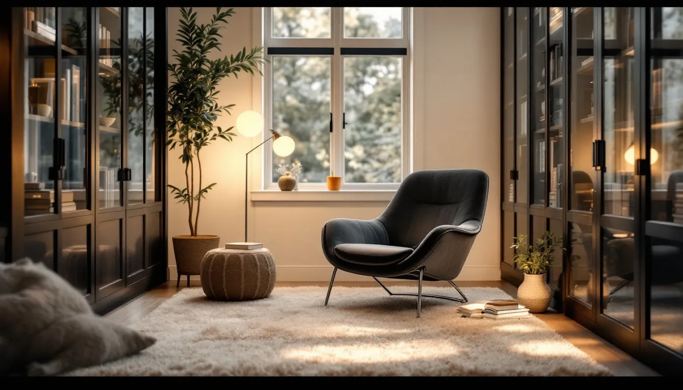 A stylish swivel rocker chair in a cozy reading nook, showcasing how a swivel rocker chair can elevate your living space.