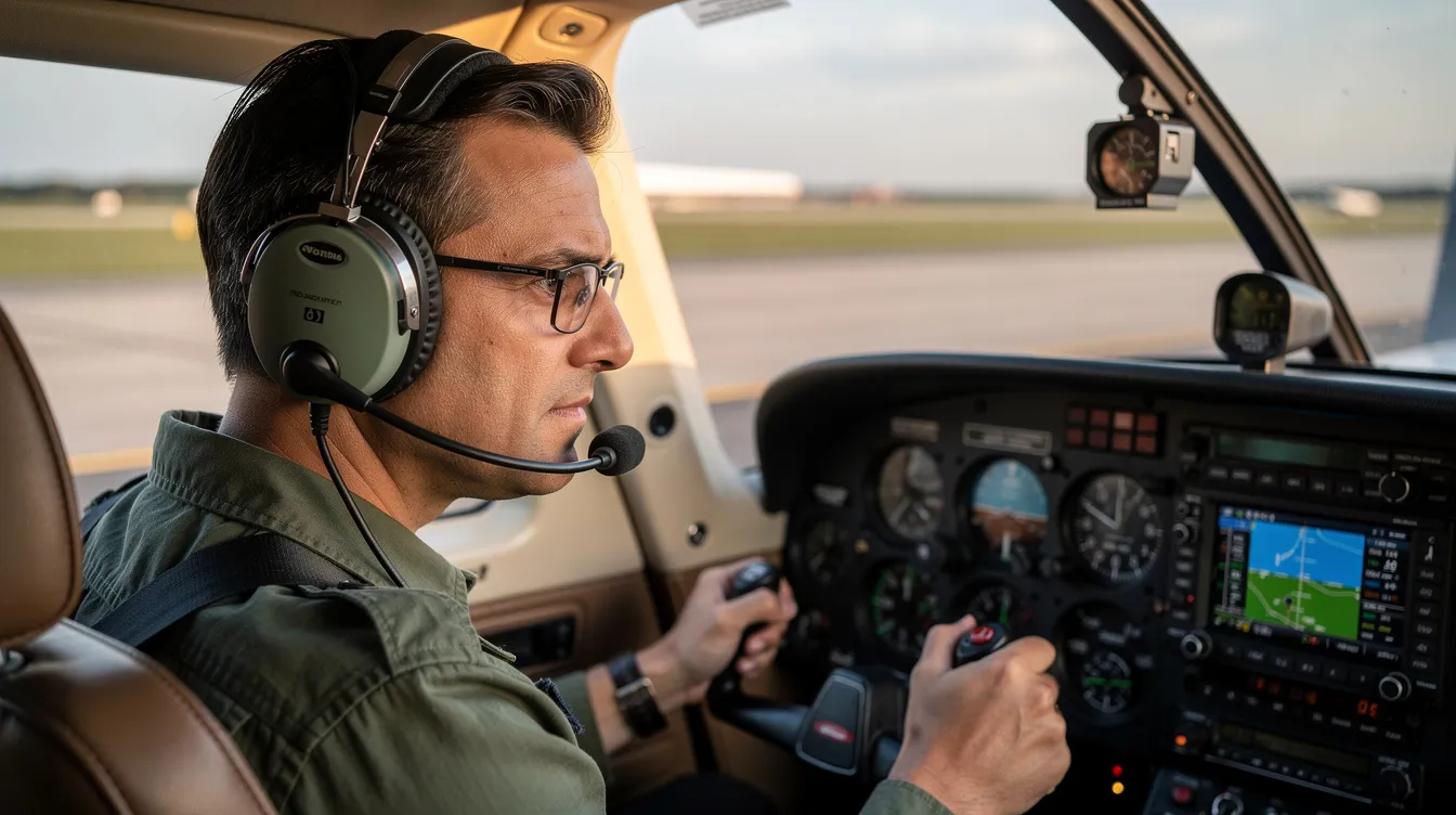 A pilot is seated in the cockpit of a small single-engine aircraft, wearing prescription glasses and a headset, ready to perform airman duties. This image highlights the importance of meeting FAA vision standards, as many pilots wear corrective lenses to ensure safe performance during flight.