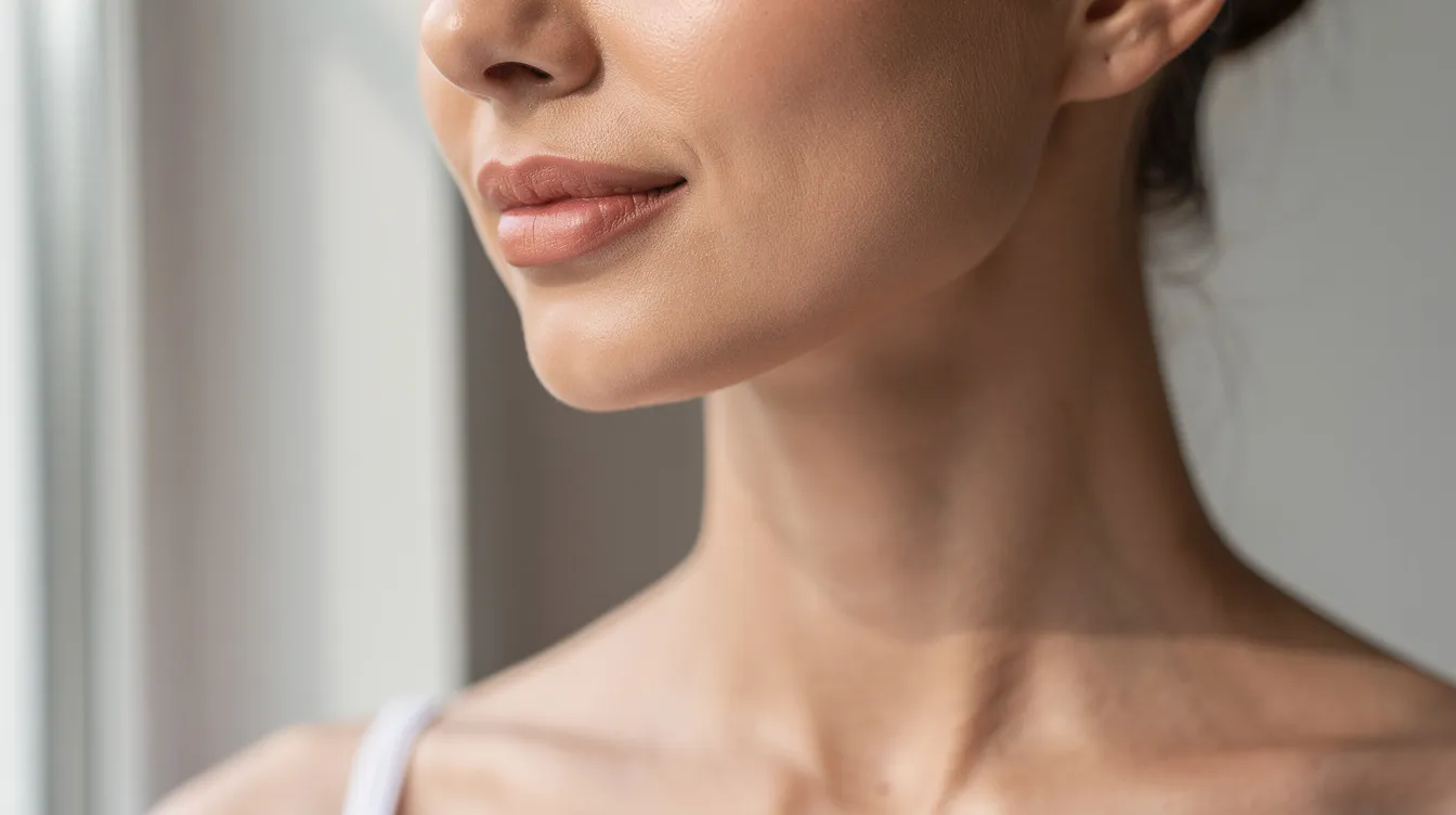 A close-up view of a woman's lower face and neck showcases a smooth, defined jawline and clear skin, illuminated by natural light, reflecting the benefits of skin rejuvenation and collagen production. This image highlights the results of endolift treatment, emphasizing skin tightening and lifting in the treatment area.