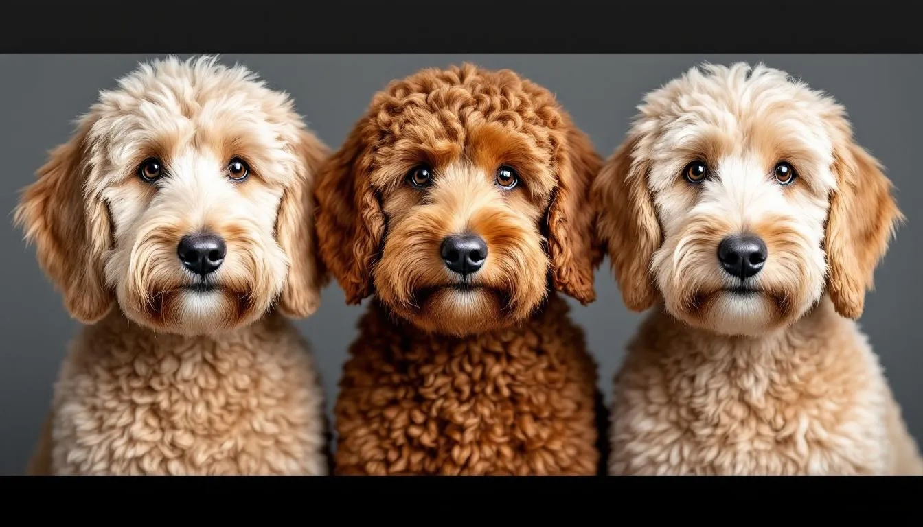 A close-up comparison displays three different Goldendoodle coat textures side by side, showcasing a curly coat, a wavy coat, and a straight coat. This image highlights the variety in the Goldendoodle