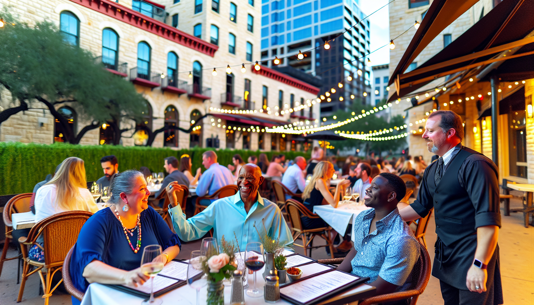 Outdoor dining scene with string lights in downtown Austin