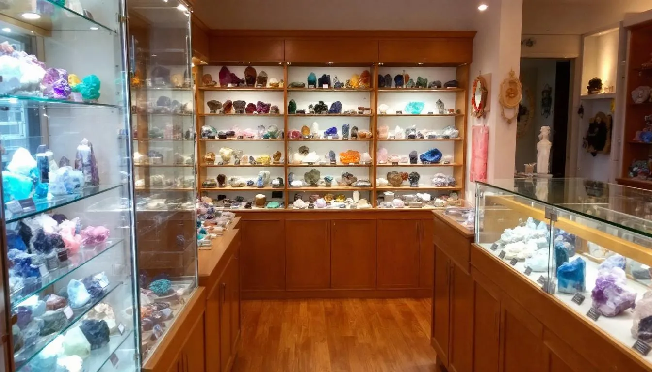 The image depicts the interior of a well-organized crystal shop, featuring vibrant displays of various healing crystals, including rose quartz, amethyst, and lapis lazuli. Customers can explore a diverse collection of gemstones, rough stones, and crystal jewellery, all designed to enhance daily life through their unique healing properties.