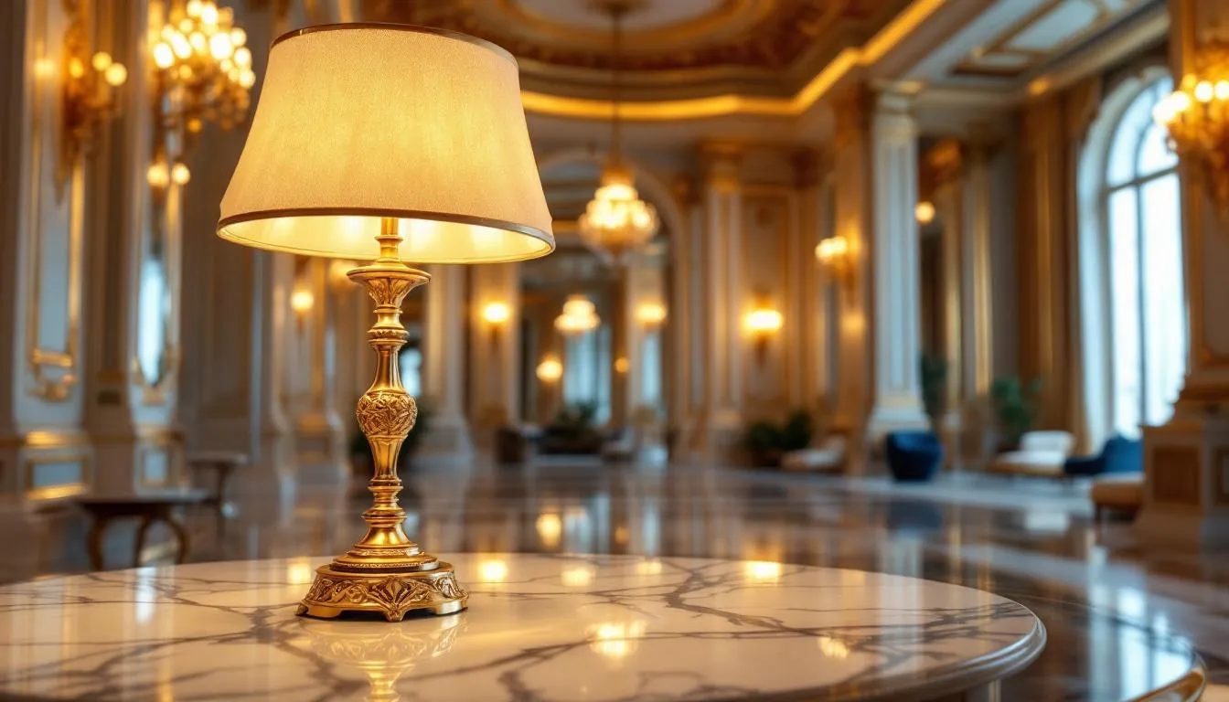 In einem luxuriösen Palazzo-Interieur steht eine elegante goldene Tischlampe, die mit warmem Licht den Raum beleuchtet. Die Tischlampe, eine stilvolle Kombination aus Glas und Metall, schafft eine einladende Atmosphäre und betont das hochwertige Design des Raumes.