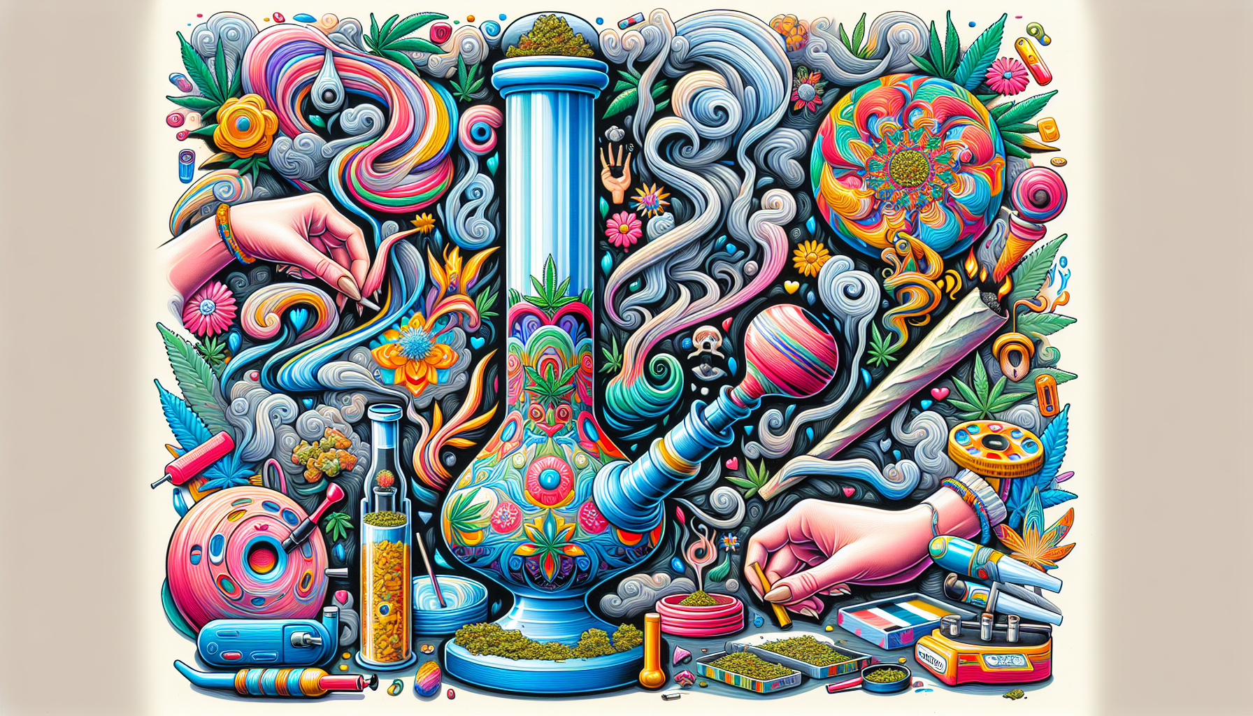 Illustration of different consumption methods for 10 oh hhc flowers, including smoking and using bongs.