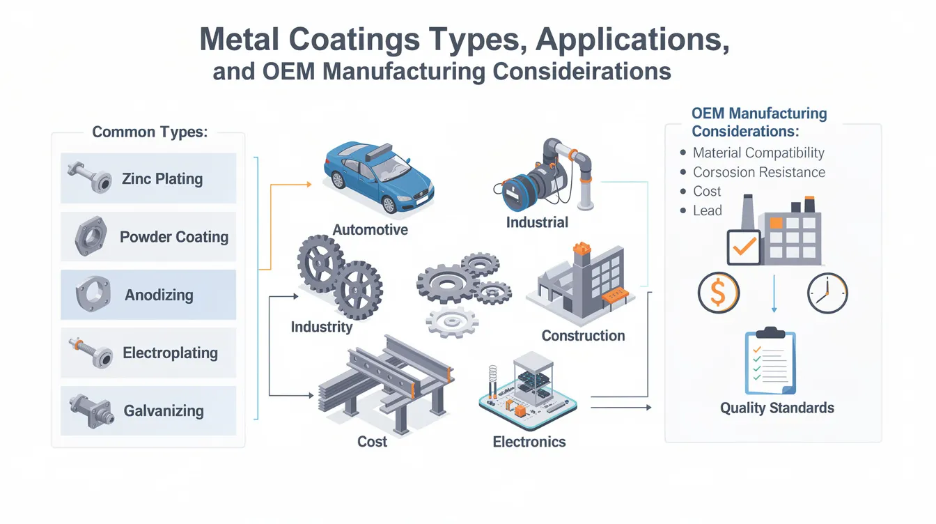 The image illustrates various metal coatings applied to different substrates, highlighting their applications in corrosion resistance and durability. It features ferrous and non-ferrous metals, showcasing coated metal surfaces with traditional and universal patinas, emphasizing the importance of galvanic protection and the finishing processes involved.