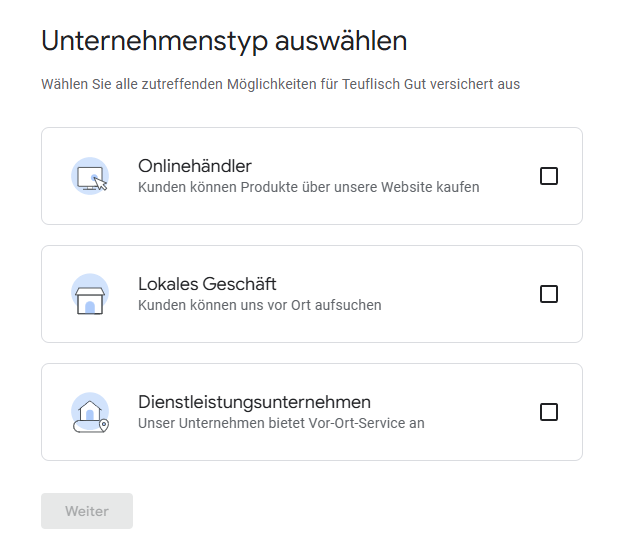 Bild zeigt die Auswahl des Unternehmenstyps