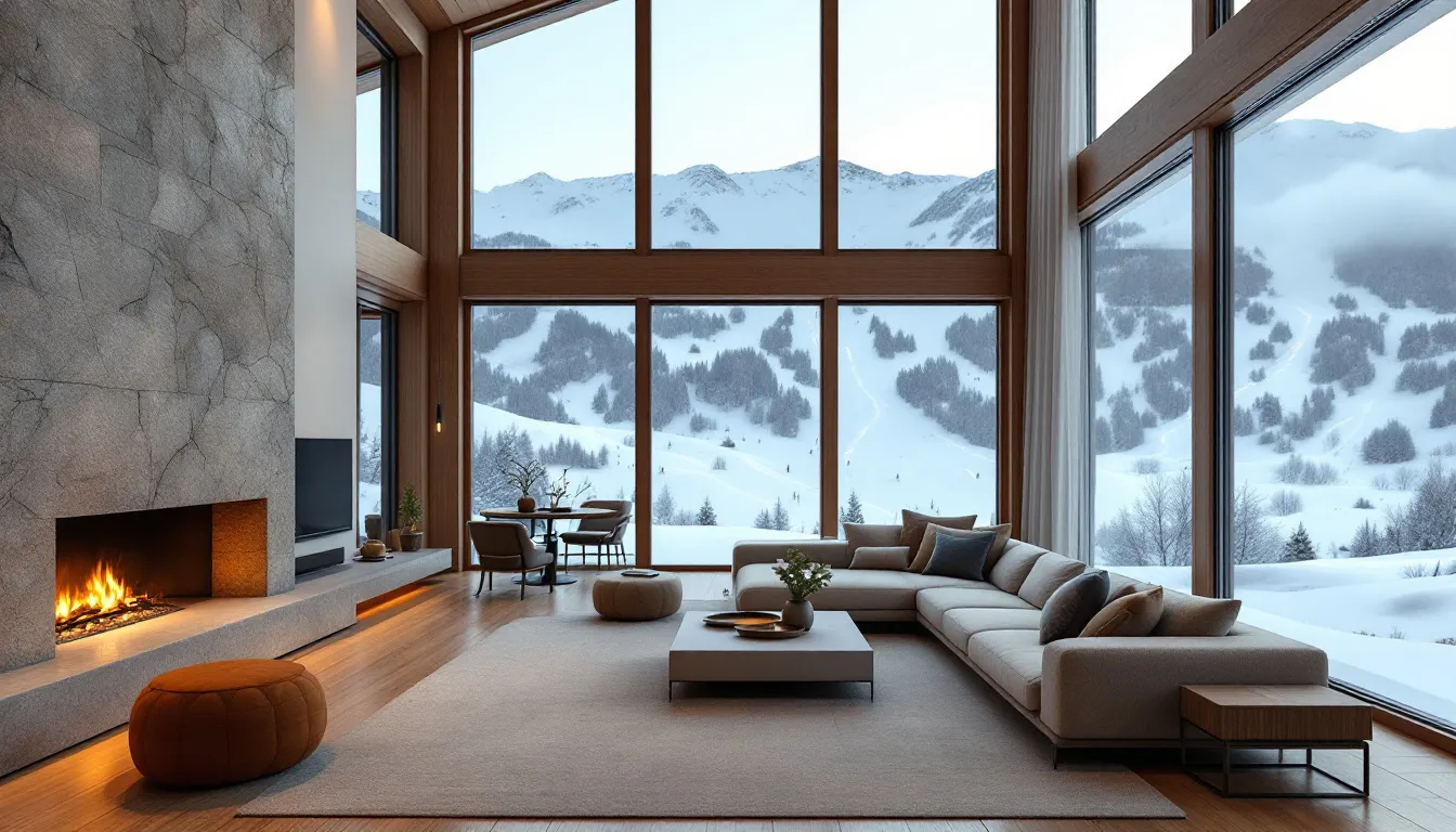 The image depicts a luxurious mountain home interior featuring a spacious living area adorned with elegant furnishings and floor-to-ceiling windows that provide stunning views of the ski slopes at Brian Head Resort. The warm, inviting atmosphere is perfect for families looking to enjoy a comfortable stay in this highly rated location in southern Utah.