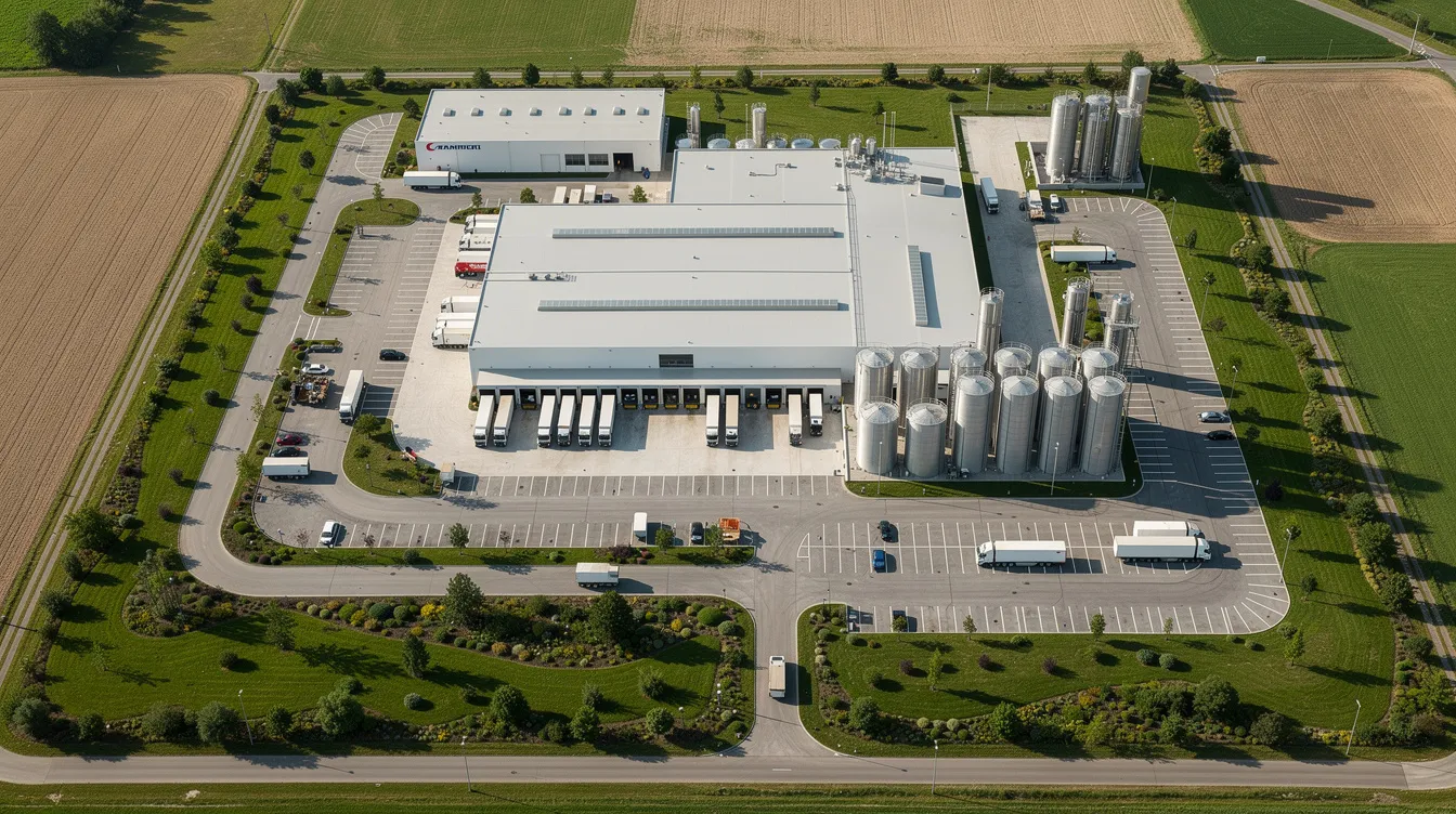 An aerial view showcases a large industrial dairy processing facility featuring multiple buildings, storage silos, and trucks, all surrounded by a green buffer zone. This milk powder manufacturing plant is part of the dairy processing industry, highlighting its role in milk production and the global milk powder market.