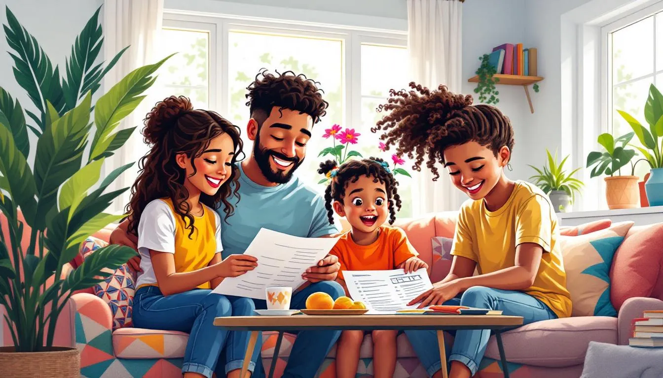 A family discussing their homeowners insurance while looking at a home inventory list.